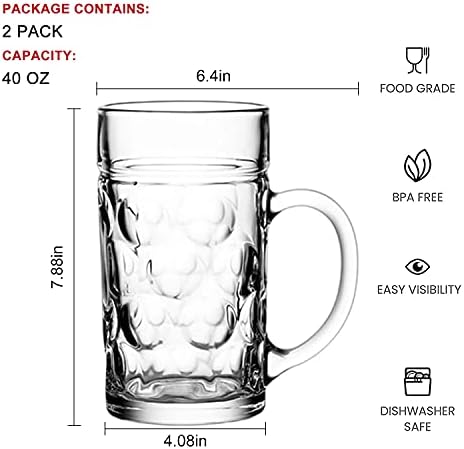Стаклени Чаши За Пиво Штајн Џамбо Чаши, германски Стаклени Чаши За Пиво Со Рачка Од 1,2 Литри, Големи Стаклени Чаши за Замрзнување