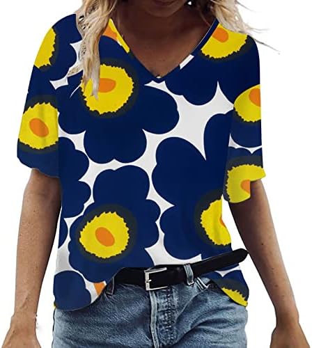 Женски плус големина врвови летни кошули со краток ракав во боја на бојата удобна туника лабава v вратот Раглан Хенли блузи маички S-5XL
