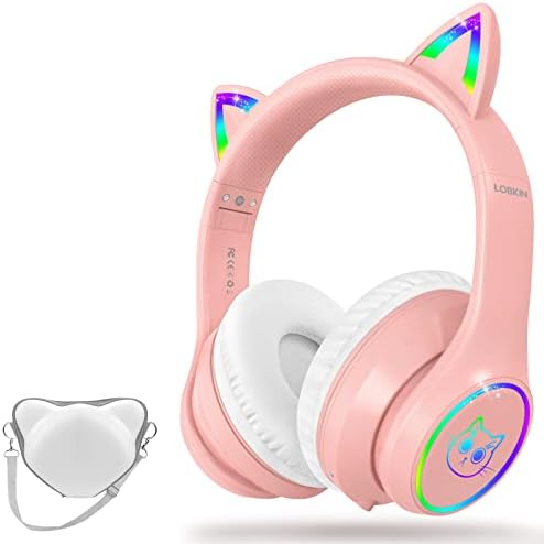 Лобкин Bluetooth 5.3 Детски слушалки со кутија - RGB LED светло осветлување на ушите за мачки, прилагодливи прилагодливи на слушалките за уво Поддршка безжична или 3,5 мм жиче