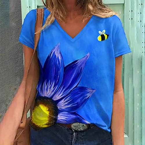Гроздобер цветна шема кошула за жени кратки ракави врвови боемска хавајска маица обична V врат лабава фит блуза мета