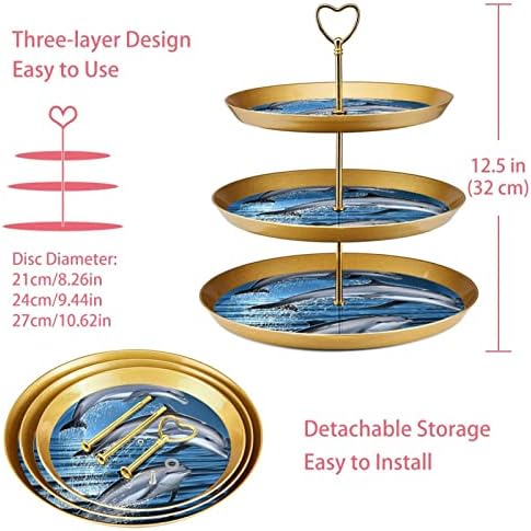 3 Ниво Кекс Штанд Кула За Кекси Дисплеј Држач За Кекси Кула За Десерт За Забави Настани Декор, Ноќ Месечината Делфин Океан