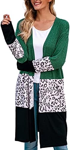 Женски кардиган во боја блок лабава долга кардиганс обична отворена предна долга ракав плетен кардиган џемпер палто зелено