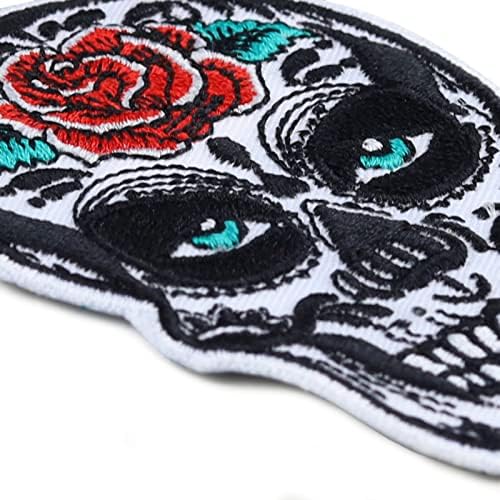 Мексиканскиот череп шие на лепенка - Ла Калавера Катрина железо на закрпи за Мексиканци, велосипедисти, рокери - Дија де Лос Муертос тетоважа за