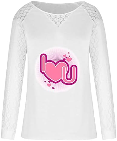 Слатки врвови за печатење на срцето за жени чипка со долги ракави маички обична лабава екипаж маичка од капчиња од валентин блузи