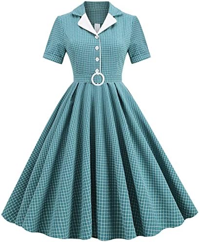 Дами лапел против вратот занишани фустани Блејзер деколте од 1950 -тите гроздобер рокабили фустан со краток ракав копче надолу