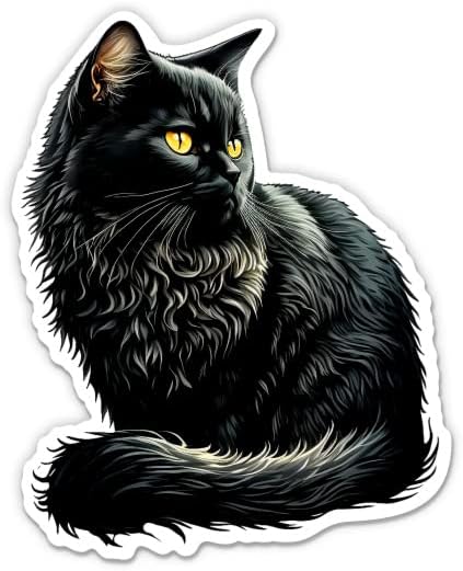 Налепница за црна мачка - налепница за лаптоп 3 - водоотпорен винил за автомобил, телефон, шише со вода - симпатична долга коса црна писе