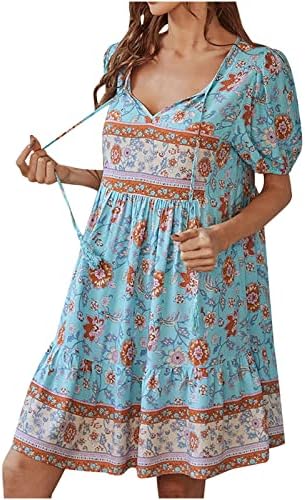 Женски летен фустан маичка плажа бохо сандерс случајна линија фустан плус големина проток на замав краток ракав лабав фустан од туника