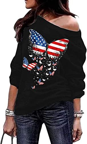 Декогивер женски секси надвор од новитетот на рамото на американското знаме, печатено патриотски џемпери со долги ракави