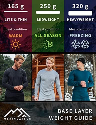 Merino.Tech Merino Wool BaseLayer Mens Set - лесна, термичка долна облека од мерино волна со средна тежина за мажи горе и дното