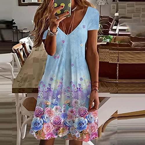 Тинејџерски девојки цветни графички фустани длабоки v фустани со вратот кратки ракави долги обични линиски есен летни фустани облека