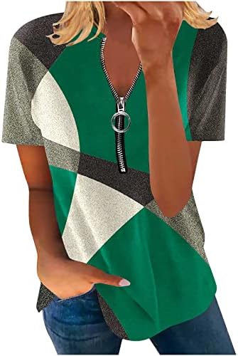 Лето жени патент v вратот кошули лабава вклопени врвови за кратки ракави геометрија блузи со обични удобни помлади маички врвни врвни