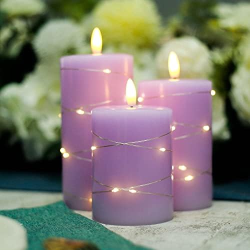 ZHCHCA Flamestless Candles 3D фитил со 10 клучни далечински виолетови LED свеќи Вградени жици на жици за украсување на домови, свеќи со батерија за Божиќ, подароци, забава, 3 парчиња