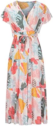 Lcиво женски летни фустани на плажа Флорална принт V вратот на капакот на капакот на капакот на ракав