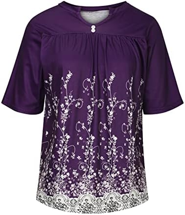 Обични Лабави Блузи За Жените Да Го Сокријат Стомакот, V Копче За Вратот До Кошула Со Кратки Ракави, Рушени Цветни Врвови За Печатење Облека