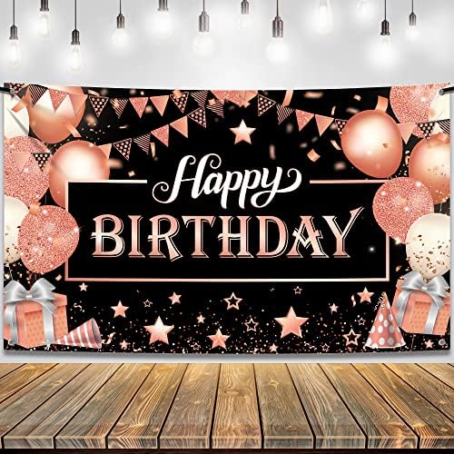 Katchon Rose Gold Среќен роденден Банер - голем, 72x44 инч | Пинк среќен роденден украси за жени | Розово злато и црна среќен
