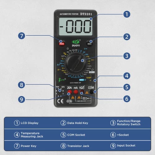 Дигитален тестер на автомобили Мултиметар 500-10000 вртежи во минута Дигитален мултиметар DC AC волт мерач, мерење на агол на моторниот живеалиште,