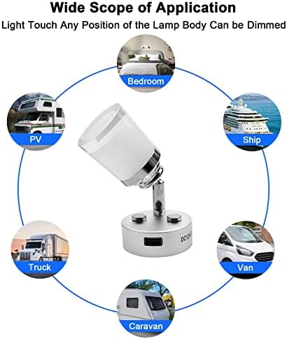 Landsin RV светла за читање LED 12V тела со USB порт -затемнување RV светло за читање за кампер, комбе, брод и моторна контрола на допир за прилагодување