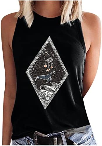 OPLXUO врвови без ракави за жени - летен екипа на вратот на вратот на вратот на вратот Геометриски печати тенок фит кошули графички маички блузи