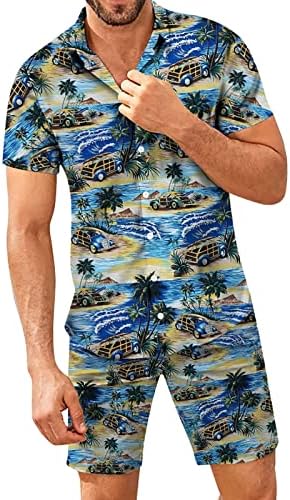 Вокачи Менс 2 парчиња Хавајска облека поставува лето копче за кратки ракави надолу графички кошула плажа обична алоха шорцеви сет