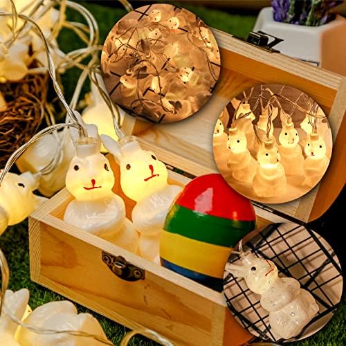 Domestar 20pcs Велигденски зајак LED жичани светла со напојување со батерија и 6 парчиња 2,5 Неиздржани лажни јајца од дрво