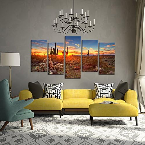 Креативни уметности - природни пејзажни слики wallидни уметности зајдисонце со сагуарос во пустината Соноран 5 парчиња печатење на платно