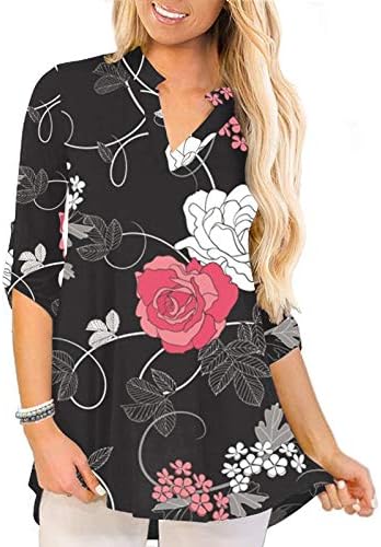 Женска цветна маичка за печатење врвен летен обичен тренинг плус големина на врвови 3/4 ролни врвни кошули V вратот блузи Туника ТОП ТОП
