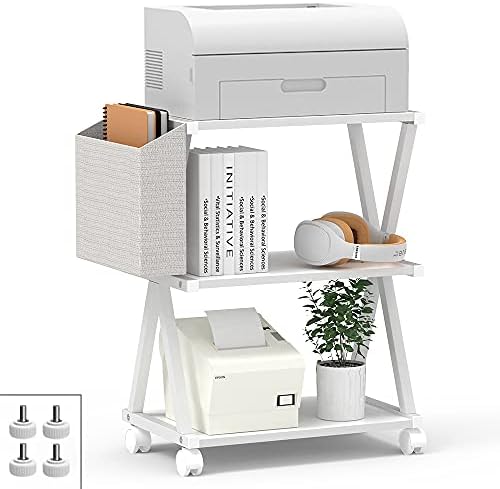 Ведекаса бел мобилен печатач штанд 3 нивоа дрвена полица метална рамка за печатач со торба за складирање за домашна канцеларија модерна под