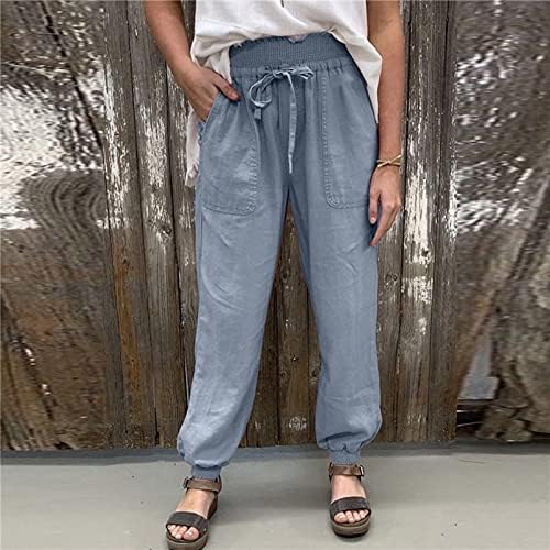 Панталони за бранч на Шарела за помлади ленени харем со висок исечен завој директно нога еластична половината обични панталони тинејџери 2023