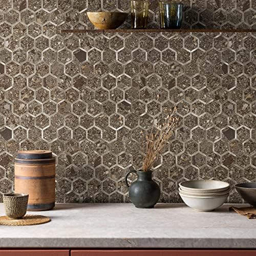 Stickoo Hexagon Peel and Stick Backsplash Tile, залепете се на задниот дел од кујната и бањата, темно кафеава терацо ПВЦ мешан