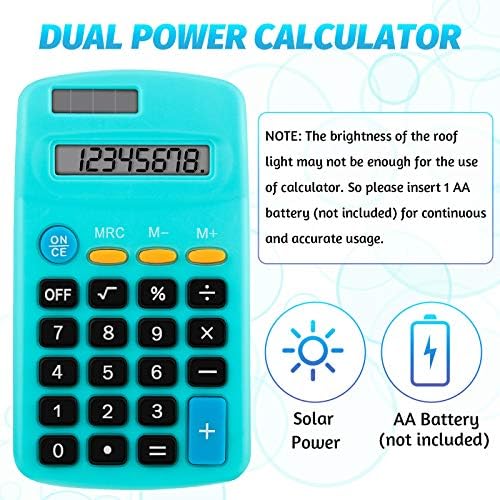 Калкулатор за големина на џеб 8 цифрен дисплеј Основен калкулатор соларна батерија двојна моќност мини калкулатор за десктоп домашни канцеларии ученици деца, 6 бои