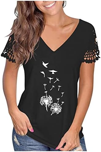 Женски летни графички маички со сончоглед, чипка чипка краток ракав против блузи на вратот, случајни лабави вклопувачки врвови на туника