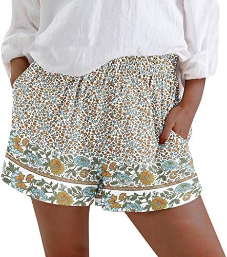 2023 Womenените летни шорцеви Обични удобни кратки панталони Еластични половини од пот, шорцеви дома ПЈ шорцеви цветни џебови
