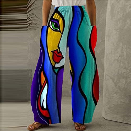 Панталони за жени гроздобер обични графички печатени панталони широки пакувања со нозе права јога долги панталони со џебови