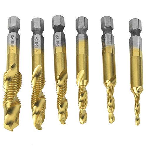 Комбинација на чешма од 6pcs Hex Shank, тапана машина за тавани, допрете гот, сет 6,35мм HEX SHANK M3/M4/M5 M6/M8/M10 HSS Дупче