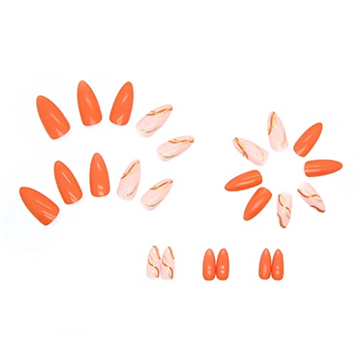 Риквју Бадемово Притискање На Нокти Лажни Нокти Со Средна Должина Портокалови Нокти Со Вители Дизајн Сјајни Нокти За Жени И Девојки