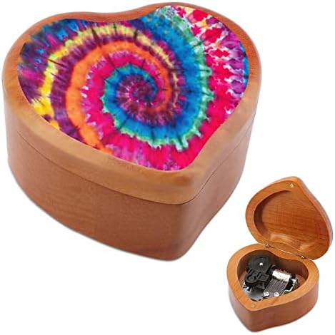 Шарена психоделична вратоврска боја дрвена музичка кутија ветровито во облик на срцеви печатени музички кутии случај за роденден на годишнината
