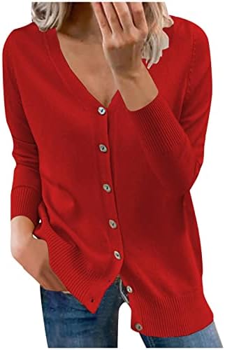 Обичен лесен лесен пријатна мека цврста цврста врат со долги ракави Отворено предно копче надолу од џемпер, кардиганска палто, надворешна