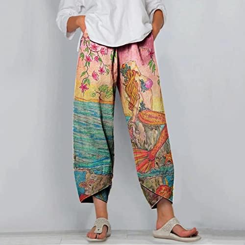 Капри панталони за жени облечени, женски јога гроздобер печатење еластични панталони за дневна половината