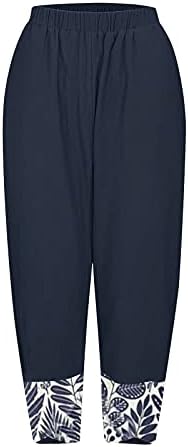 Обични капри панталони за жени широки нозе памучни постелнина цврста боја плус големина плус големина панталони со џебови со џебови