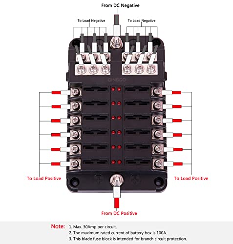 Ginsco 12V 12 Wos Fuse Block Водоотпорен 12 коло со негативен држач за кутии со осигурувачи со клуч со конек за жици со клучеви на клуч, лајли LED индикатор DC 12-24V за автомобилски во
