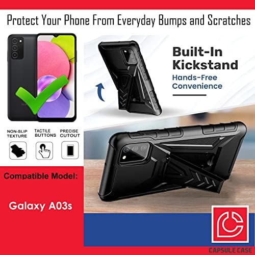 Капсула Случај Компатибилен За Samsung Galaxy A03s [Воено Одделение Отпорен На Удари Тешки Kickstand Појас Клип Футрола Случај Црна]
