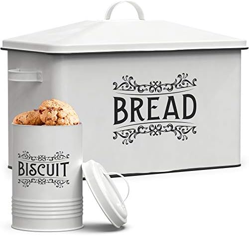 ЌОШ &засилувач; Вилушка Фарма Кутија За Леб-КОНТЕЈНЕР За Складирање Леб СО Големина XL Со Соодветен Калај За Бисквити Во Бел Метал - Кутии За Леб За Кујнски Бројач Екс