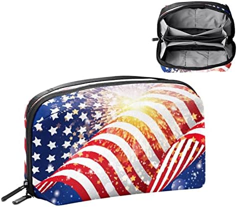 Козметичка Торба За Жени, Симпатични Пространи Водоотпорни Чанти За Шминка Патуваат Позадина На Американското Знаме Со Огномет Тоалетна Торба