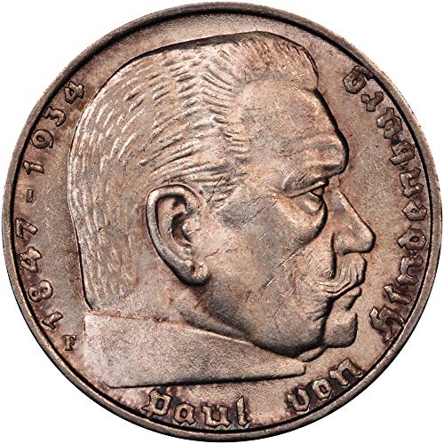 1935-1936 Хинденбург Сребрена 5 Рајхсмарк Монета, Нацистичката No Нема Свастика. Направено во Чест на германскиот Претседател И Генералот НА WW1.