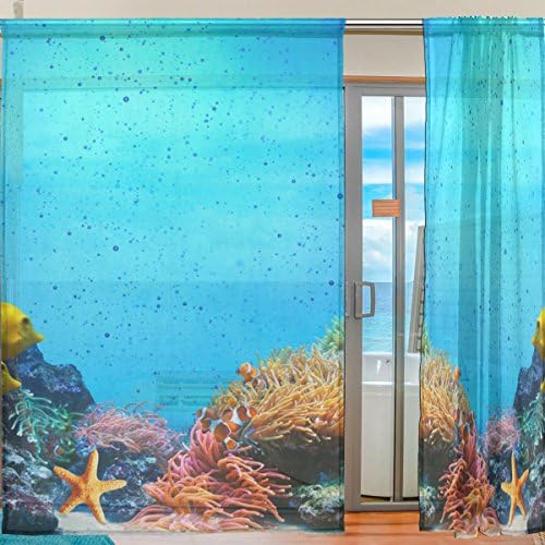 Цветни подводни корални гребени Полу чиста завеса прозорец Voile Drapes панели Третман-55x78in за дневна соба спална соба детска соба, 2 парчиња