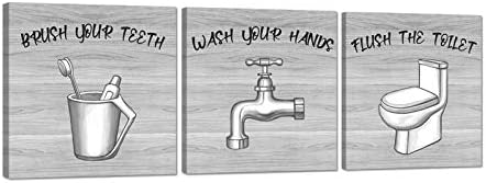 ЗЛОВ 3 парчиња Смешни знаци на бања Слика Wallидна декор за миење четка за миење цитати сиви и бело уметност печатење на платно за декорација