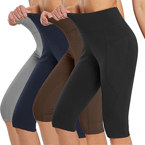 Mittory 4PC женски хеланки со должина на коленото со високи тренингот со високи половини за вежбање обични летни јога панталони со џебови