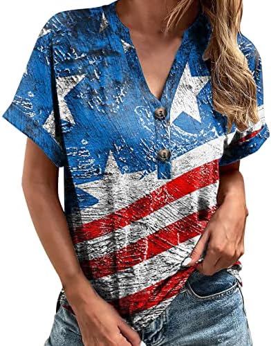 Американско знаме маица жени 2023 година во САД Starвездени ленти 4-ти јули кошули со летни врвови копче V вратот Основни врвови