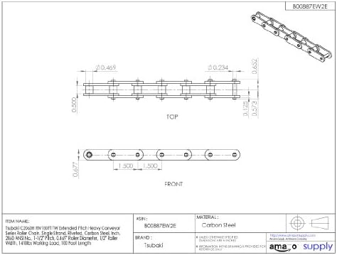 Tsubaki C2060HTWR100 Extended Pitch Heavy Conveyor Series Roller Chain, Single Strand, Riveted, Carbon Steel, Inch, 2060 ANSI