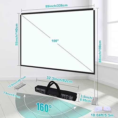 Абтех 100 инчен проектор на проектор и штанд, преносен проектор екран 4K HD Заден предна проекција екран со носење торба за
